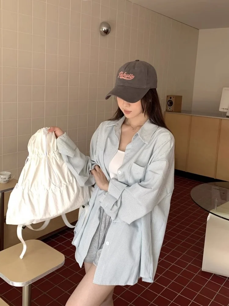 

Casual Striped Long Sve irt Women's Summer Loose Mid-Length Collared Outerwear Korean Sle Commute Faion Korean Version