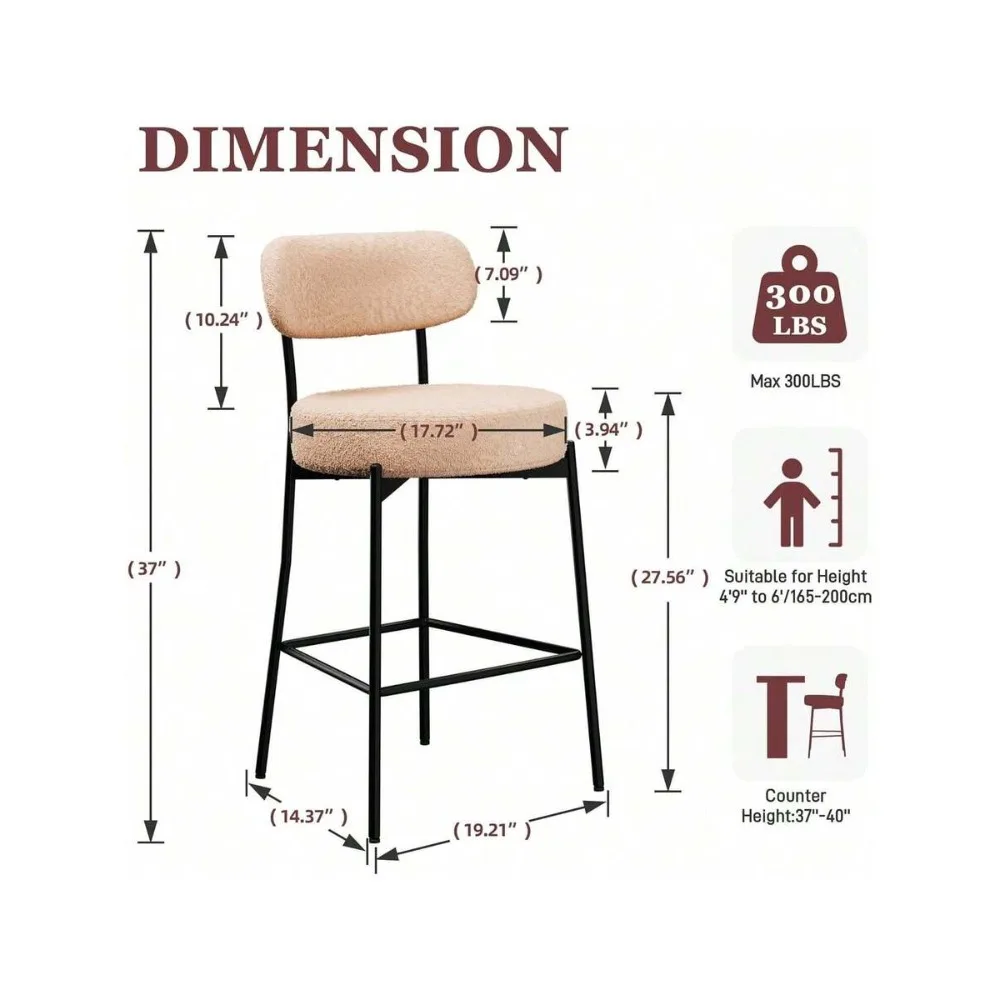 Beige Bar Stools Set of 2, 27.56 Inch Counter Height Barstools with Back, Modern Upholstered Boucle Seat Cushion, Sturdy Metal Legs for Kitchen Island, Dining Room, Living Room, Home Bar view 4