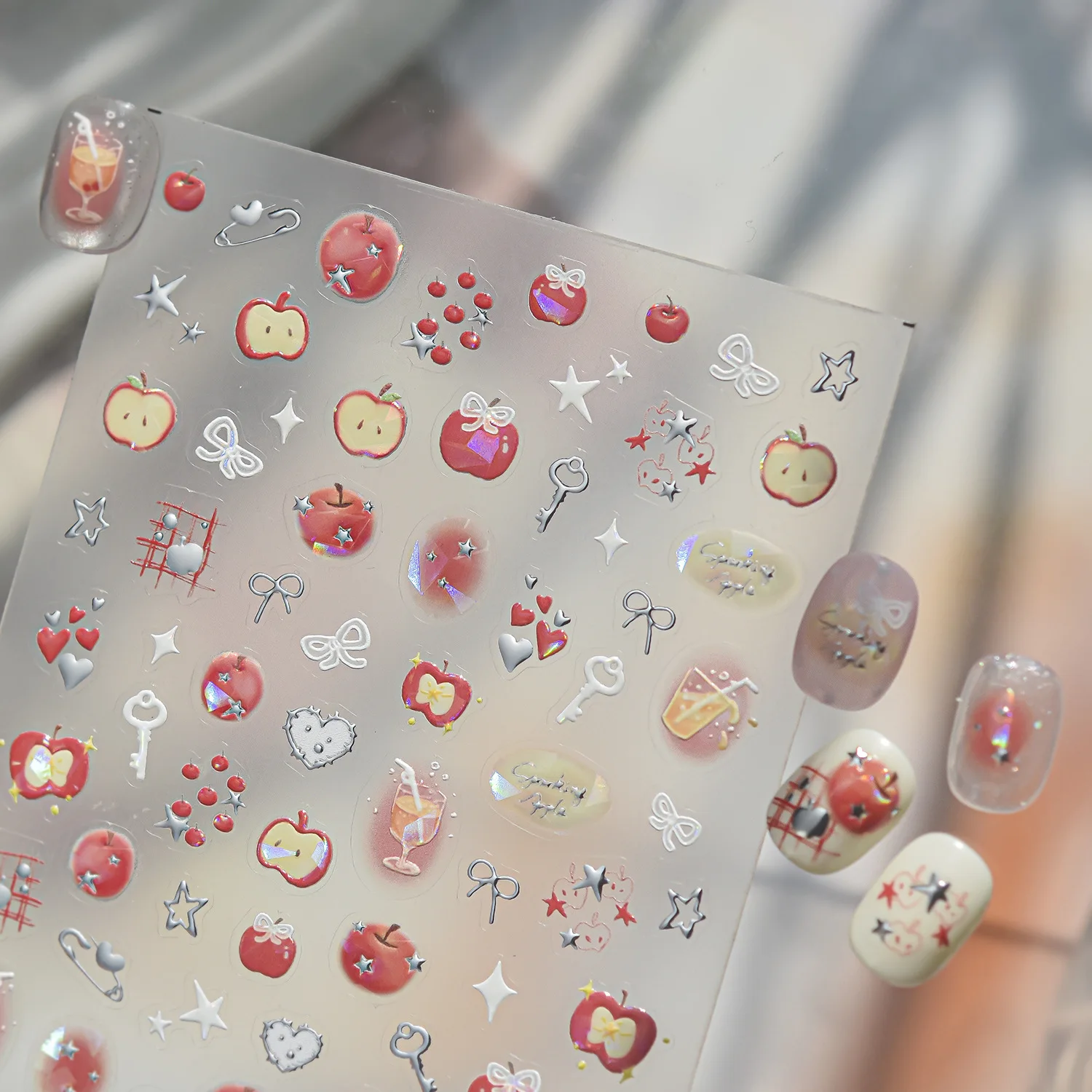 5D Cute Nail Art Stickers Retro Red Green Apple Bow Key Cocktail Star Fruit Pattern Self-adhesive DIY Decal Manicure Decoration