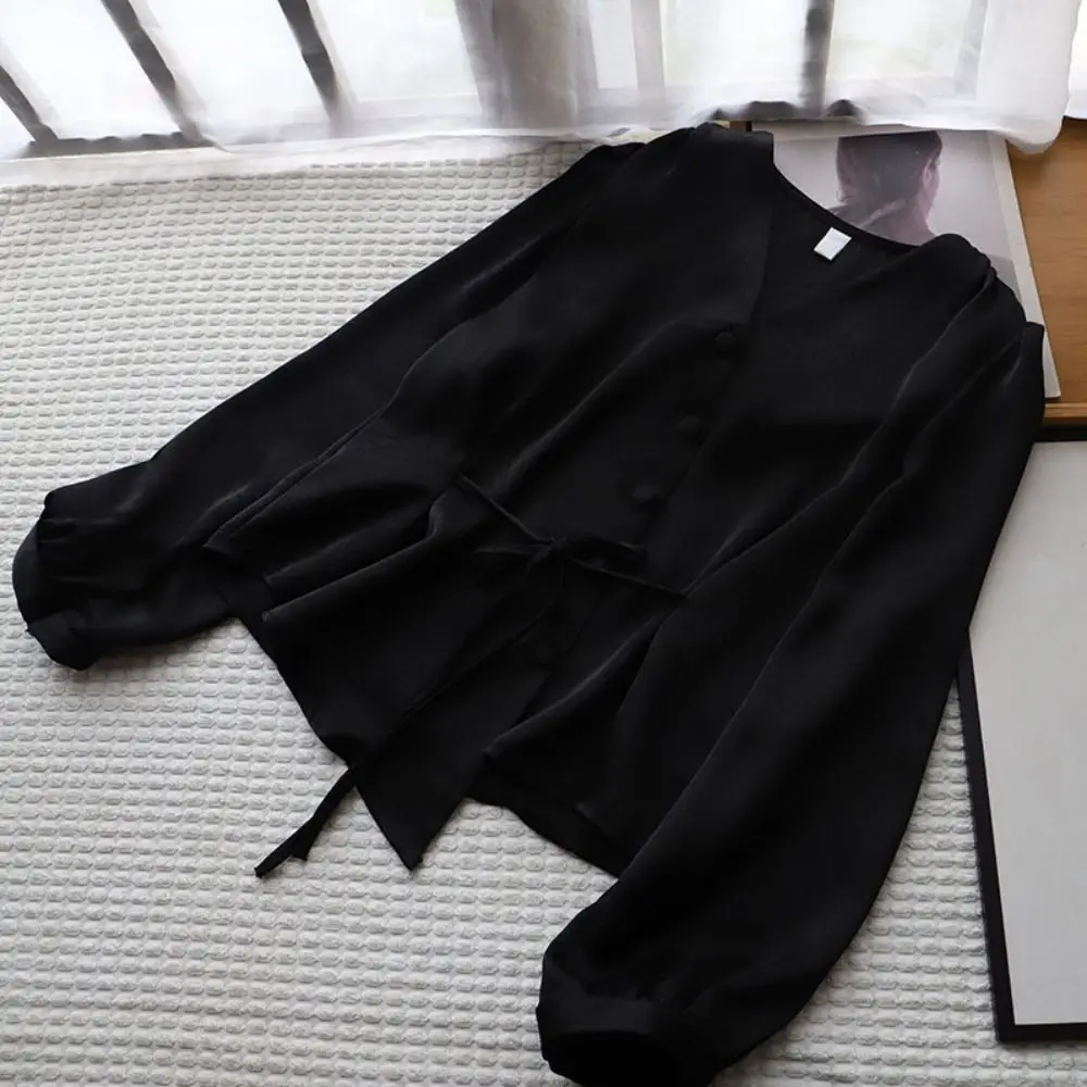 

Fashion V-neck Long Sleeve Shirts Slim Fit Irregular Button Up Blouse Autumn Spring Waist-cinching Office Ladies Tops Female