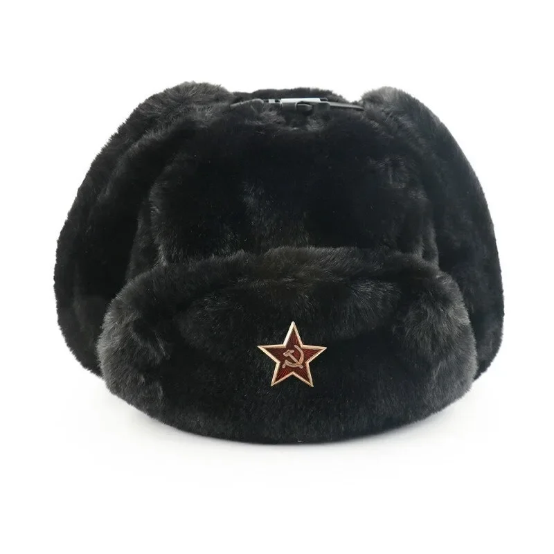 Men Women Soviet Badge Russian Ushanka Pilot Bomber Hat Mens Faux Fur Army Military Winter Trapper Earflap Snow Caps