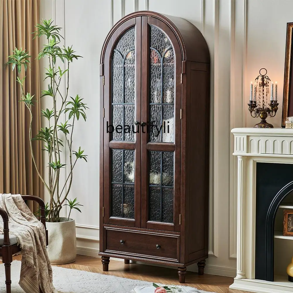 French retro solid wood wine cabinet with glass door against the wall living room, home American high-end display cabinet