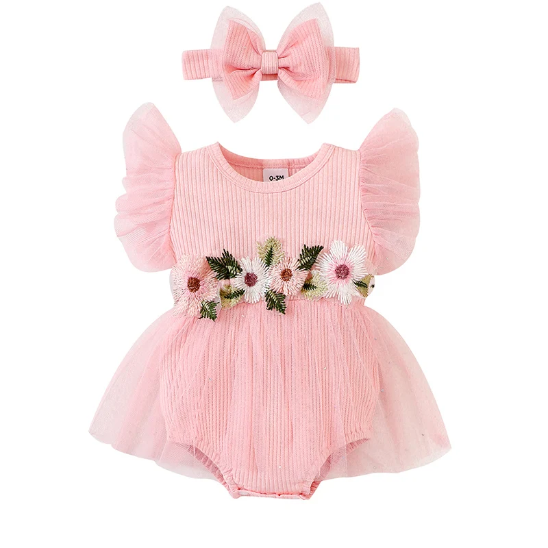 

Toddler Baby Girl Fly Sleeve Romper Summer Embroidery Flower Bodysuits with Bowknot Hairband Clothes Newborn Clothing Suit