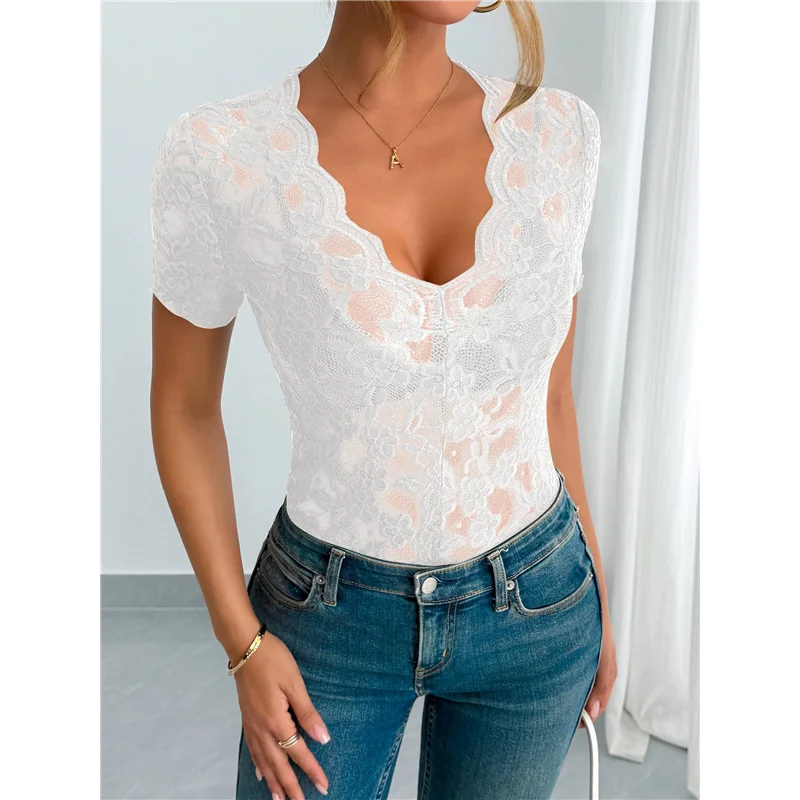 Mesh-Top für Damen, kurzärmelig, Rundhalsausschnitt, tailliertes Oberteil, solide T-Shirts mit floraler Spitze, durchsichtige Blusen mit V-Ausschnitt