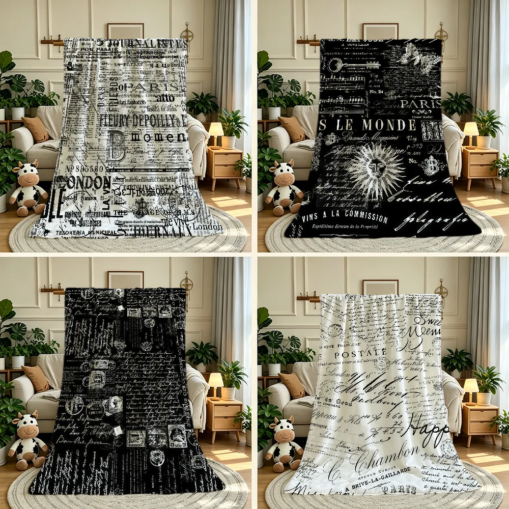 Black And White Vintage Letters And Postage Stamps Blanket Throw Super Cosy Plush Living Room Sofa Couch Childish Birthday Gifts