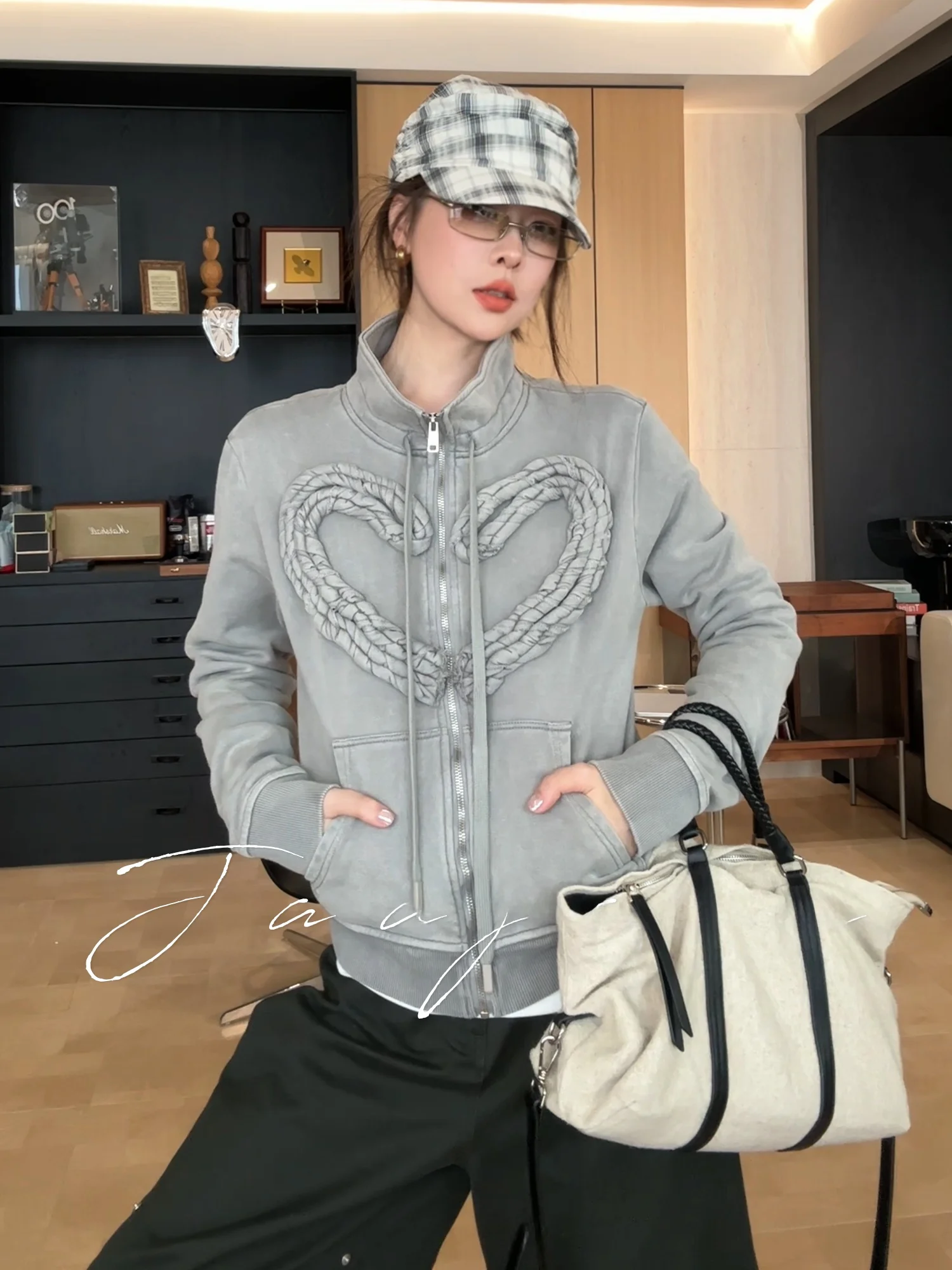 

Женская толстовка Jaajaaa Paris Vintage из стираного хлопка с 3D-принтом в виде сердец, весна 2026, дышащая, влагоотводящая