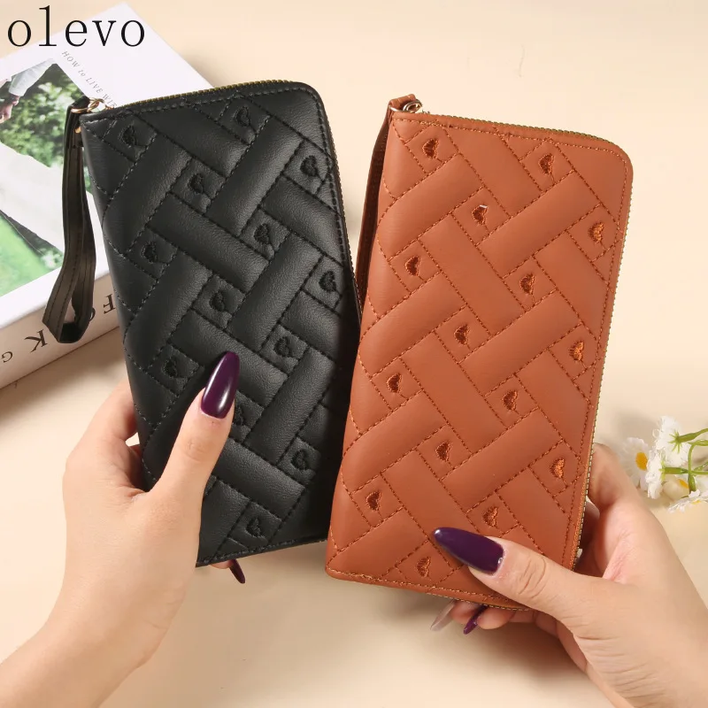 New Single Zipper Handheld Coin Purse Card Holder Heart Embroidered Ladies Wallet Fashion Pure Color Long Clutch Bag for Women