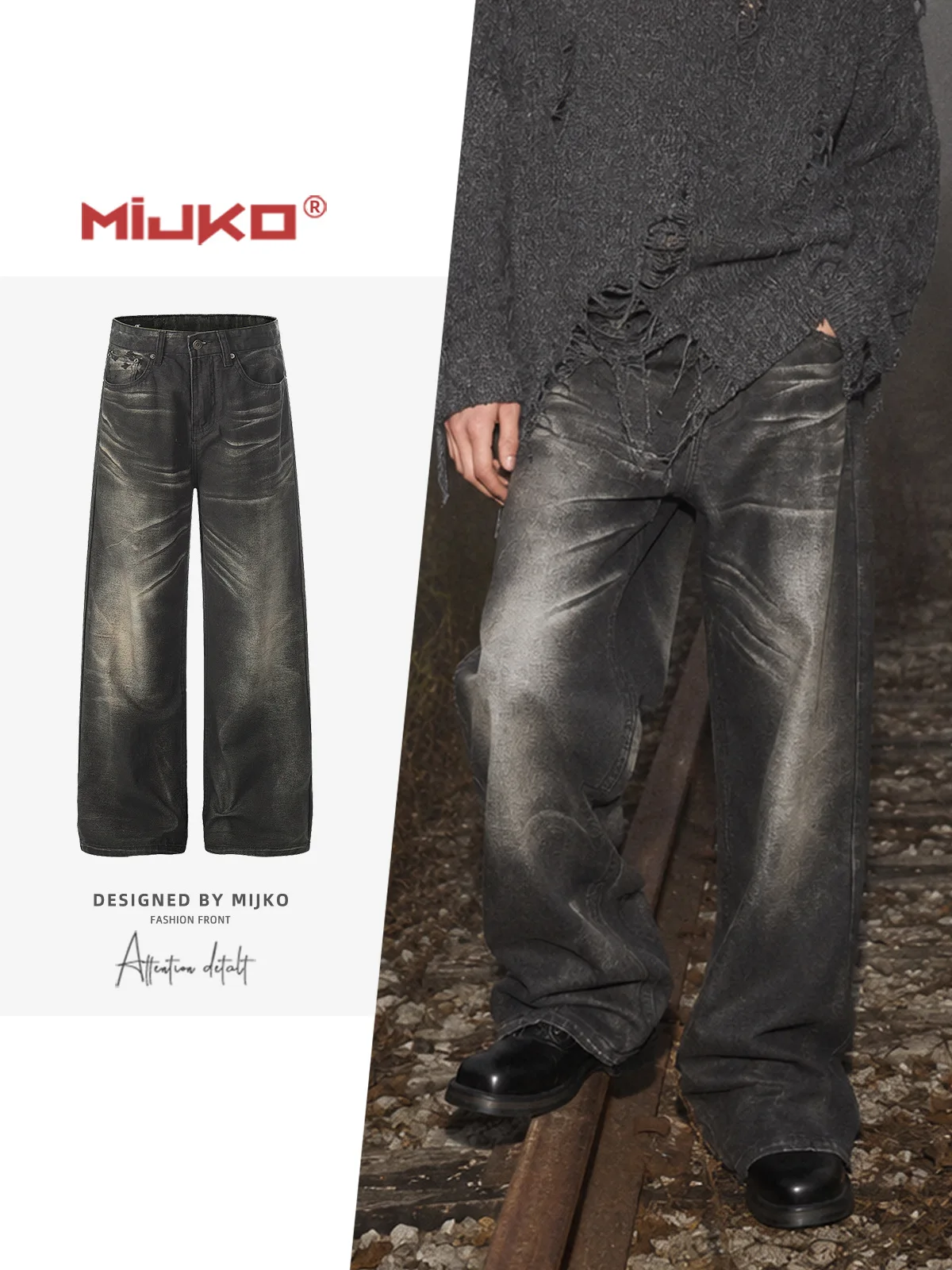 MIJKO Washed Straight Design Black Jeans G6960