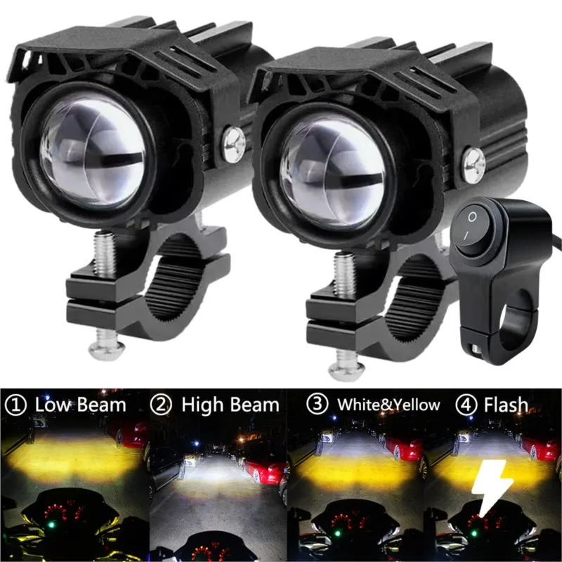 Additional Fog Lights Motorcycle Auxiliary LED Headlights Long Range Lamp 12-80V Dual Color High/Low/Flash Beam Moto Spotlights