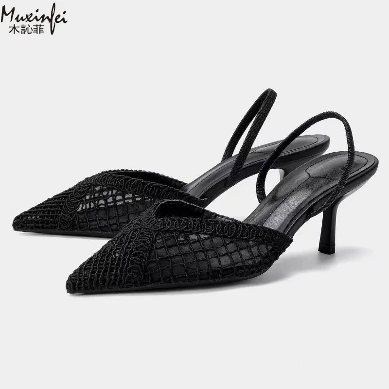 Women's Shoes 2026 Summer Autumn New Product Mesh Pointed High-Heeled Shoes with Open Toe and Hollow Heel, Temperament Sandals