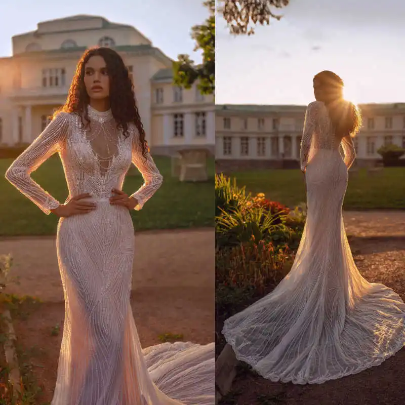 Luxury Wedding Dresses Long Sleeve Beaded Mermaid Silhouette Illusion Neckline Sparkling Lace Bridal Wedding Ceremony Customized