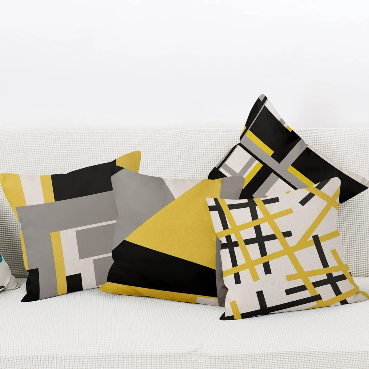 4pcs Yellow Black Gray White Geometric Abstract Printed Pillow Cover Polyester Cushion Case 2D Flat Modern Living Room Decor Now