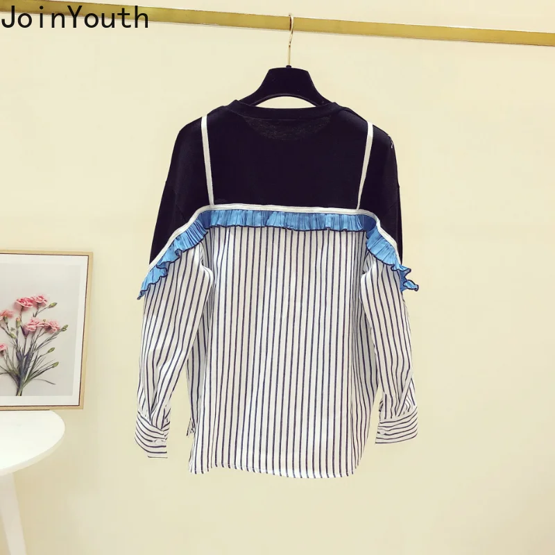 Korean Women Shirts 2023 Blusas Mujer De Moda Patchwork Striped Casual Blouses Fashion Fake Two Loose Ruffles Blouse Tops Femme