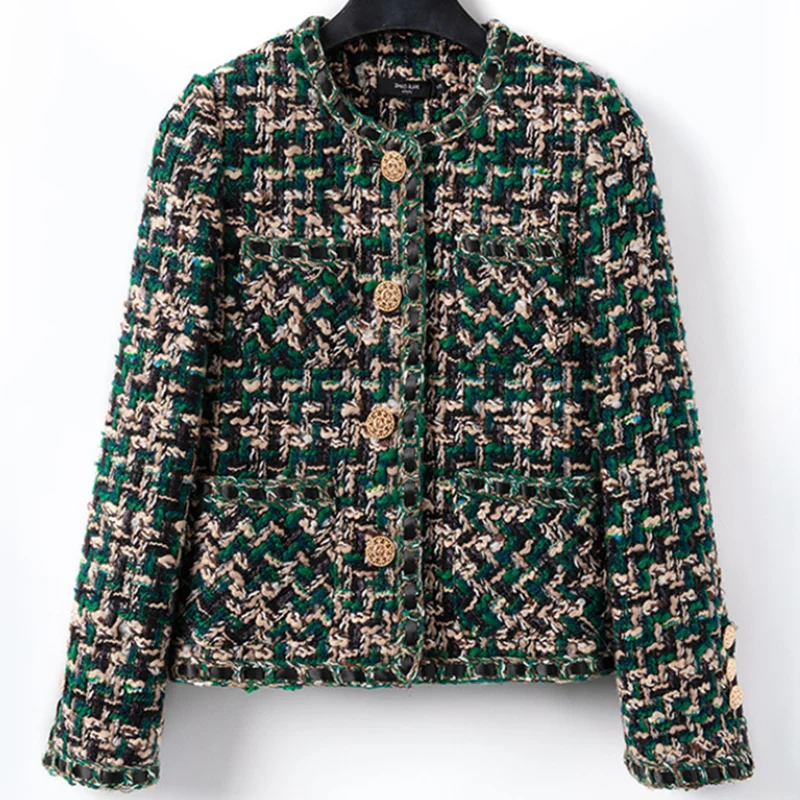 

Green Woven Tweed Women's Round Neck Short fashion Jacket