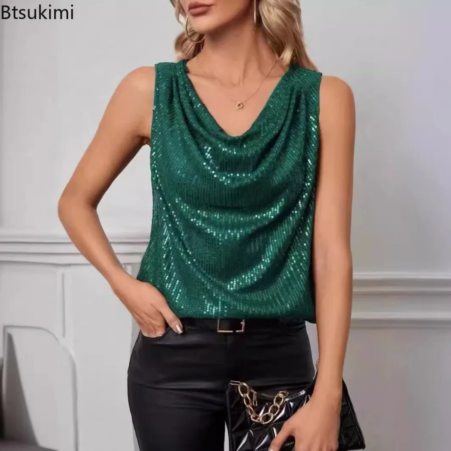 

Summer Vest Sexy V-Neck Loose Short Sleeveless Top for Women Sparkling Blend Fashionable Sequin Casual Loose Pullover Tank Tops