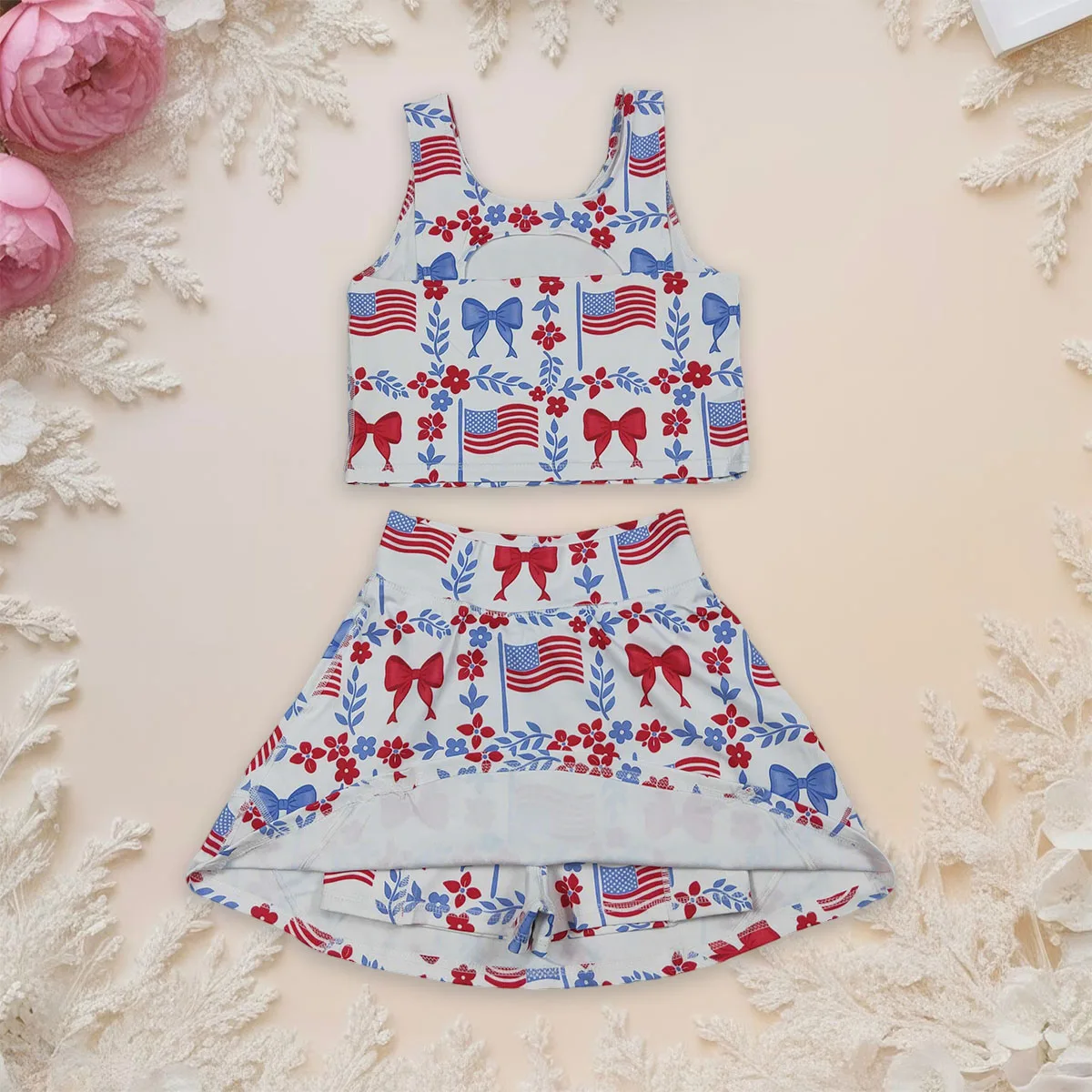 

Baby Girl Flower Flags Vests Skirt Short 4th of July Athletic Acive Wear Vest Yoga Top Skirt Sports Skorts Dresses Wholesale