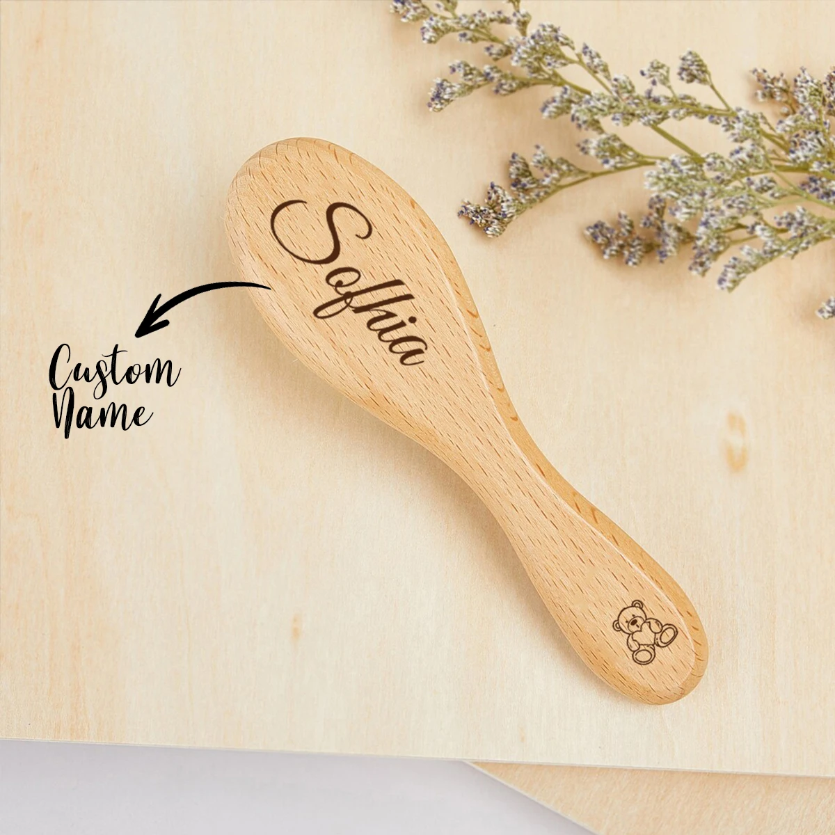 1 Stück personalisierte Haarbürste mit Namen, lasergraviert, kleine Holzbürste mit Bärenmotiv, Souvenir-Geschenk, Babyparty-Geschenk, personalisiert