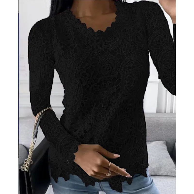 Women Autumn Sexy White Lace Patchwork Shirt Blouse Long Sleeve O-Neck Mesh Top 2023 Spring Elegant Hollow Out Shirts Pink S-5XL