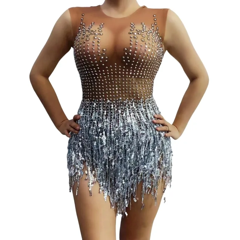 

Sparkly Crystal Sequins Tassel Bodysuit Women Dancer Bar Nightclub Sexy Stage Wear Latin Modern Pole Dance Costume Party Show