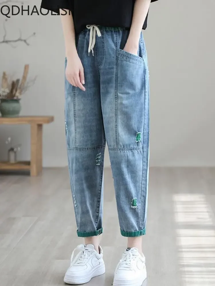 Women Jeans Korean Version Hole Elastic Waist Casual Haren Pants Ankle Length Pants for Women High Waisted Baggy Ripped Jeans