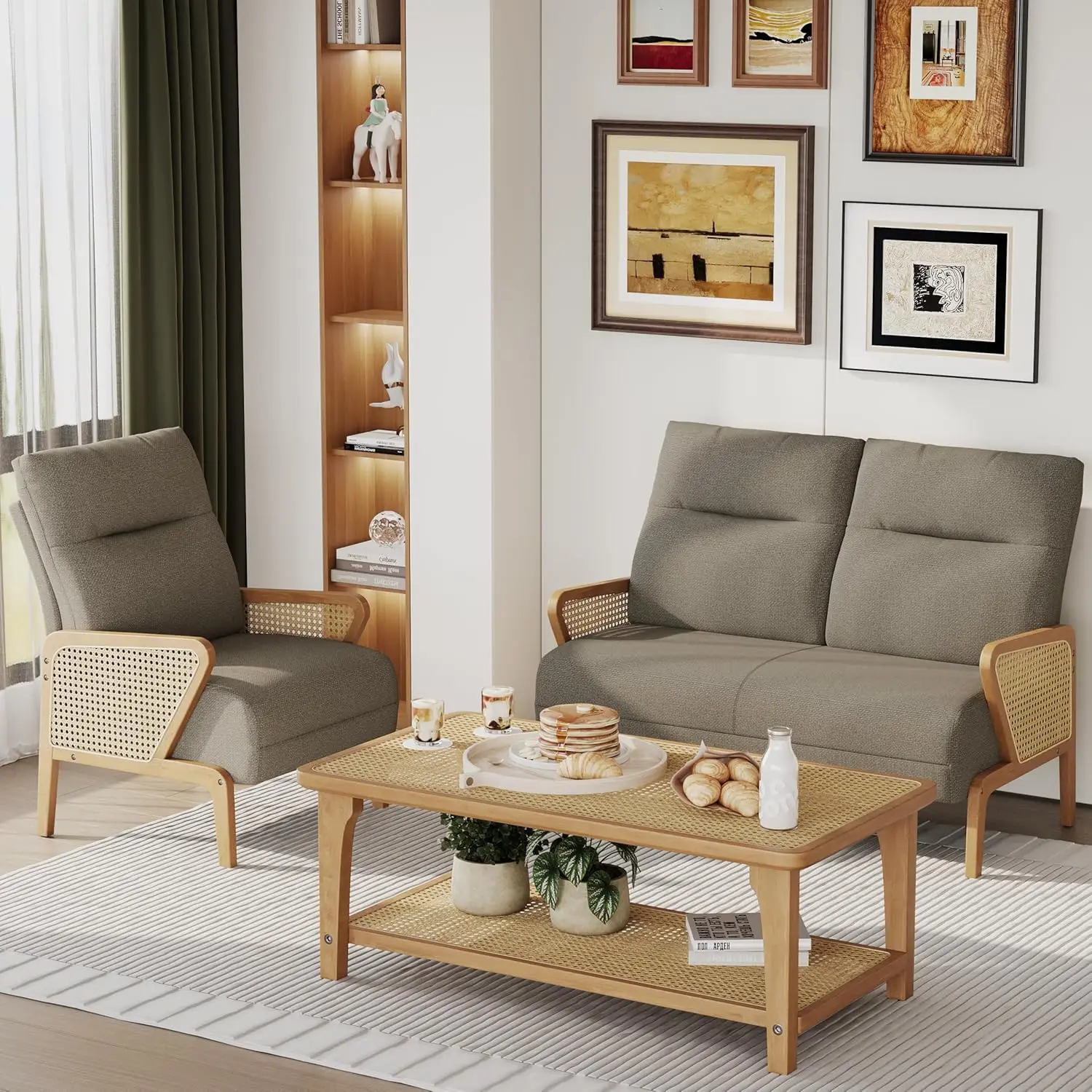 #Upholstered Natural Rattan Loveseat Chair Set Modern Slipper Club Reception Comfy Sofa Taupe