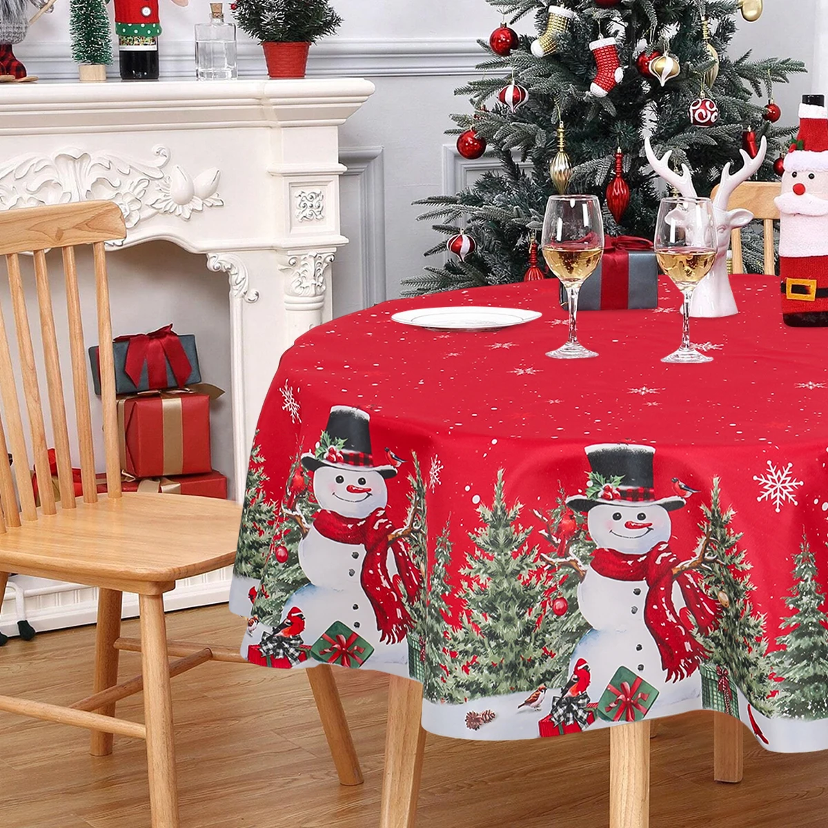 Christmas Snowman Round Tablecloth Navidad Natal Noel Santa Claus Table Cover Merry Christmas Decor For Home 2024 New Year 2025