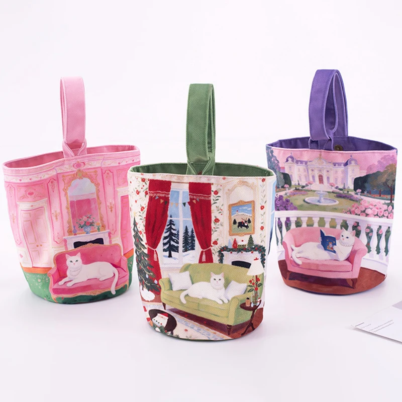 1pcsTwill short velvet bucket bag Jewelry cosmetic pouches printed shopping round bottom velvet carrying canvas bag customizable