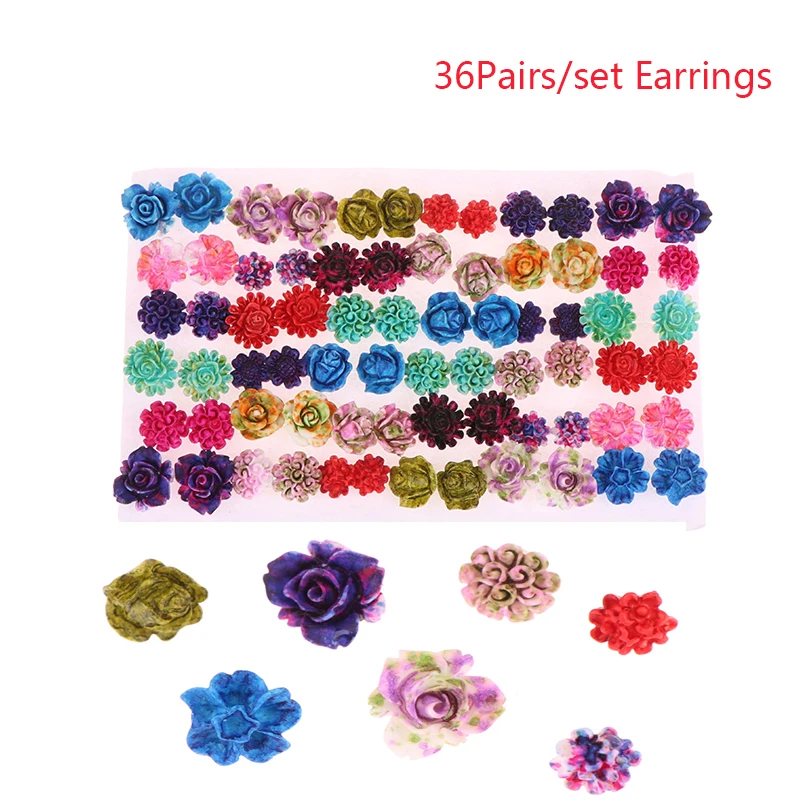 36Pairs/set Colorful Resin Flower Stud Earrings For Women Girls Children Fashion Romantic Anti Allergic Stud Ear Jewelry