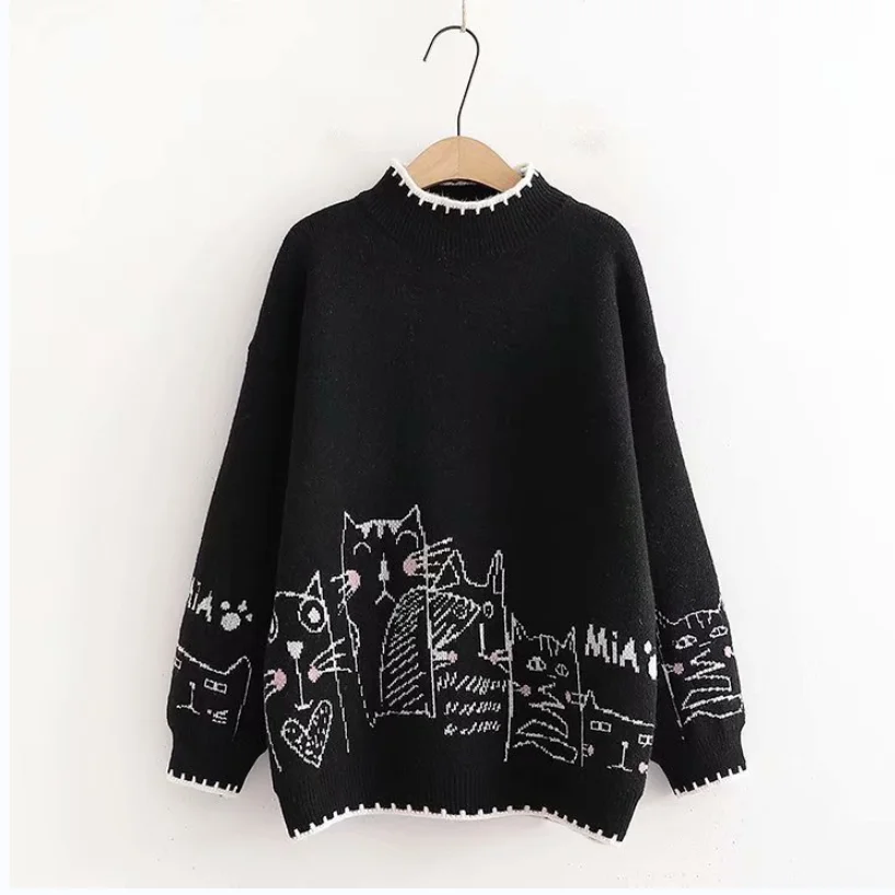 Korean Cartoon Sweater for Women, Loose Lazy Wind, Half Turtleneck, Retro Hong Kong Flavor, Autumn and Winter, New, 2024