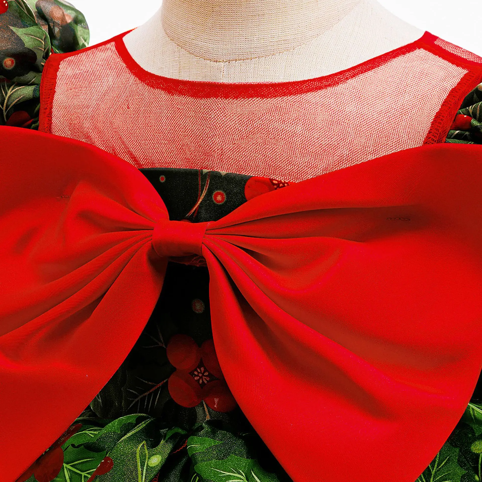 Vintage Girls Green Elf Christmas Dress Floral Big Bow Puffy Dresses For Children Stage Performance Festival Xmas Party Costume