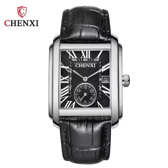 CHENXI 8216 Herren-Quarzuhr, Schwarz, Blau, Braun, quadratische Uhr, modisch, schlichtes Datum, Lederarmband, Armbanduhr für Männer, Geschenk