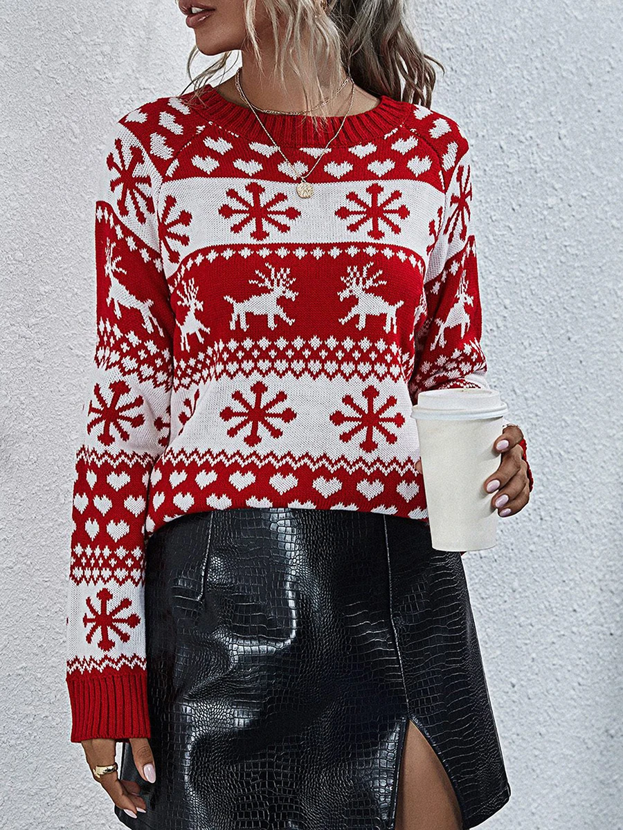 

Women s Christmas Sweaters Reindeer Snowflake Long Sleeve Round Neck Ribbed Knitted Tops