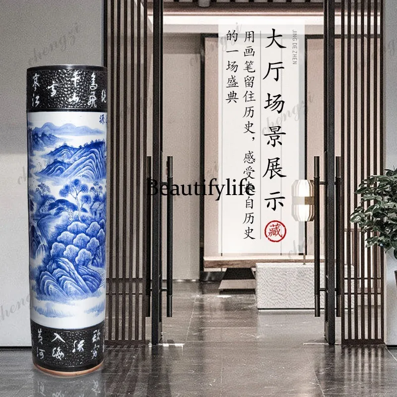 Jingdezhen ceramic floor-to-ceiling vase hand-painted blue and white porcelain Chinese living room villa hotel ornament