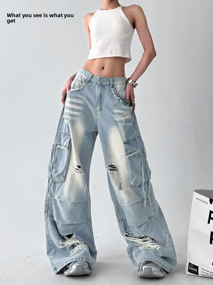

Light Blue High Waist Wide Leg Workwear Denim Pants Women's Summer New Design Washed Multi Pocket Casual Trousers