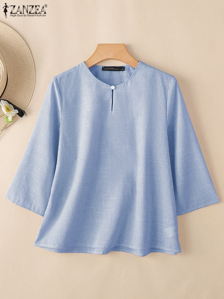 

2025 Autumn Office Striped Blouses ZANZEA Stylish Women Tops Casual Summer V Neck 3/4 Sleeve Shirt Elegant O Neck Loose Shirts
