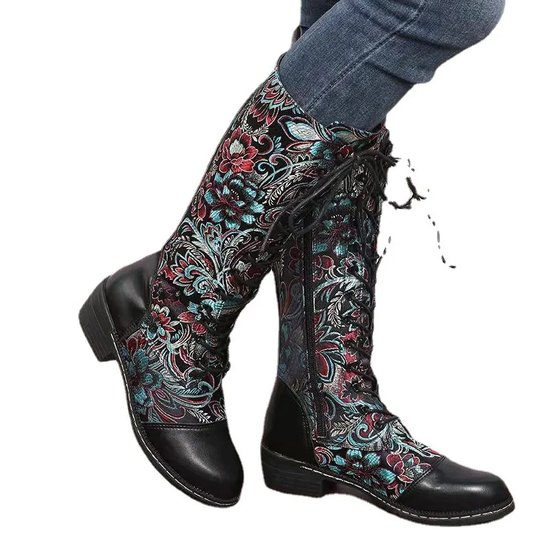 New Leac Up Embroidery Flowers Knee High Boots Women Ethnic Retro Chunky Heel Large Size Knight Boots 2022 Autumn Botas De Mujer