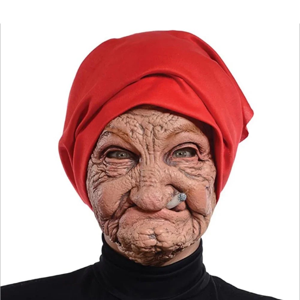 Halloween Horror Smoking Old Grandmother Mask Realistic Latex Masks Costume Festival Stage Show Cosplay Props