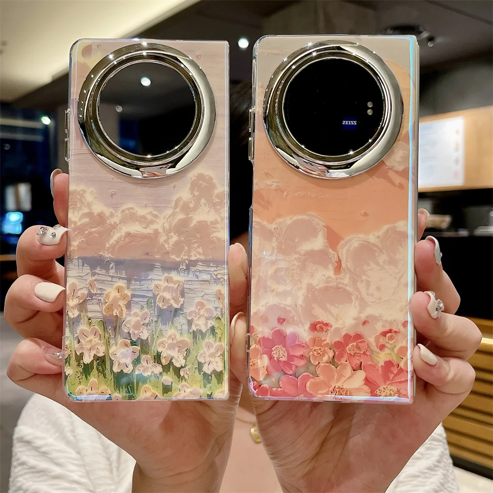 Fashion Blu-ray Oil painting Flowers Phone Case For VIVO X Fold 3 Pro PC Plastic Shell Fold3 Protective Cover