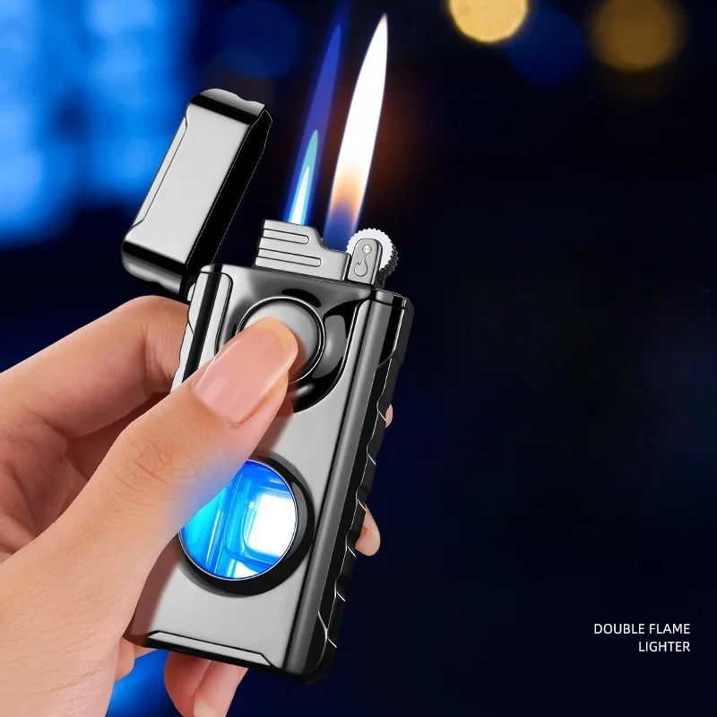 

Зажигалка с двойным пламенем и синей LED-подсветкой, металлический корпус, визуальное окно, колесико зажигания, мужской подарок класса люкс