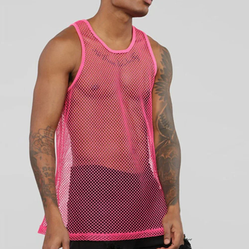 Tank Tops Vest Men O-neck Party Nightclub Wear Rose Red Black Fashion M-2XL Mesh Patchwork Sleeveless Streetwear