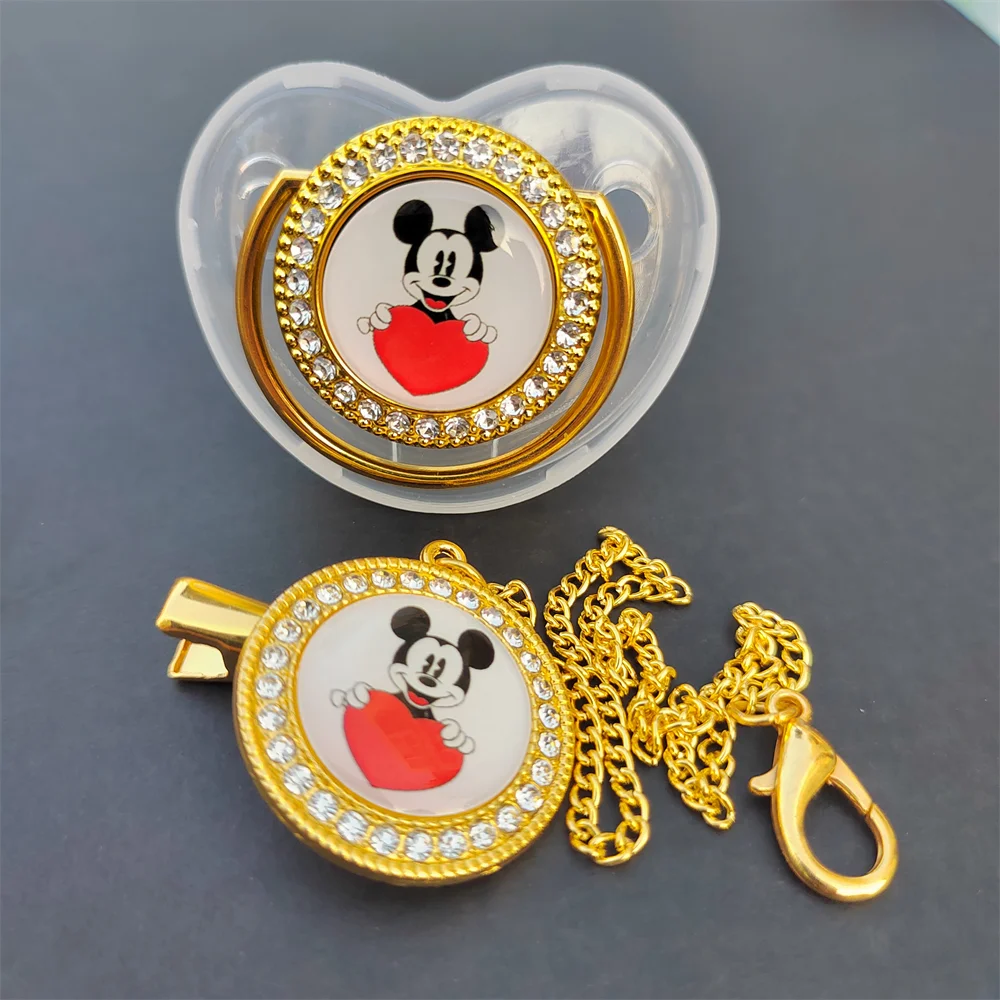 Mickey Minnie Mouse Daisy Duck Baby Dummy and Clips Luxury Silver Gold Orthodontic Baby Pacifier Toddler Infant Baby Pacifiers