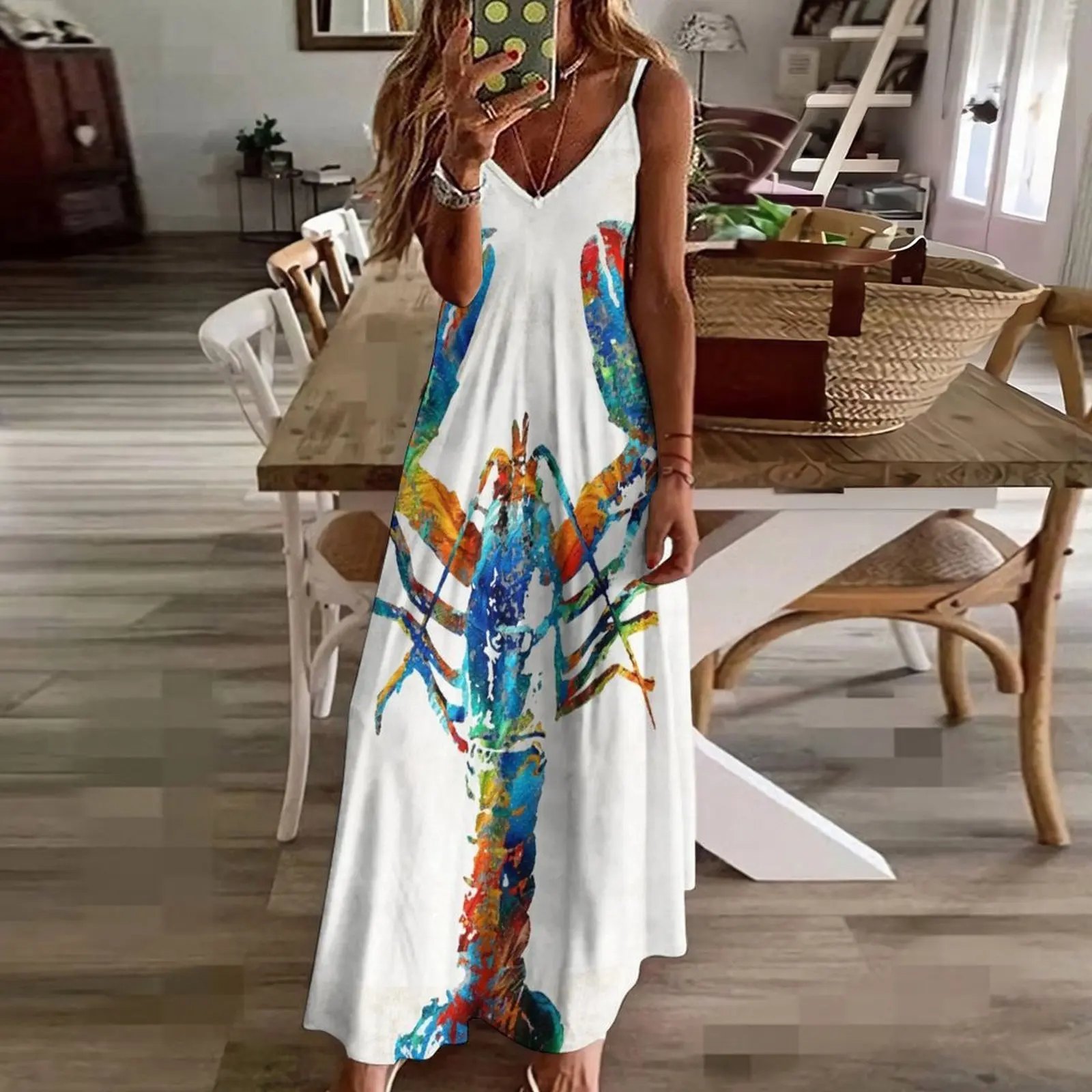 Arte de lagosta colorida por Sharon Cummings Vestido longo sem mangas Vestidos femininos roupas de verão para mulheres 2025 vestidos vestido