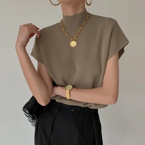 새로운 짧은 소매 터틀넥 니트 여성 스웨터 풀오버 캐주얼 니트 스웨터 여성 탑 Blusas Mujer De Moda 2024 Verano J74