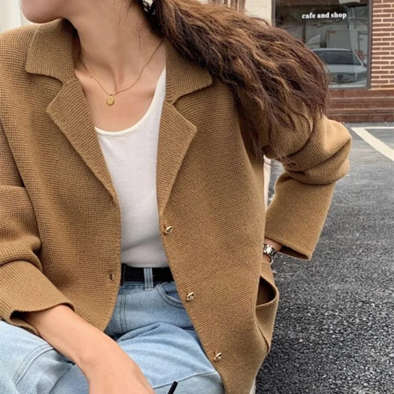 الكورية الحد الأدنى نمط دعوى طوق سترة مشغولة من الصوف الخريف الملابس النسائية تصميم جديد الشعور سترة أنيقة سترة بالأزرار #5