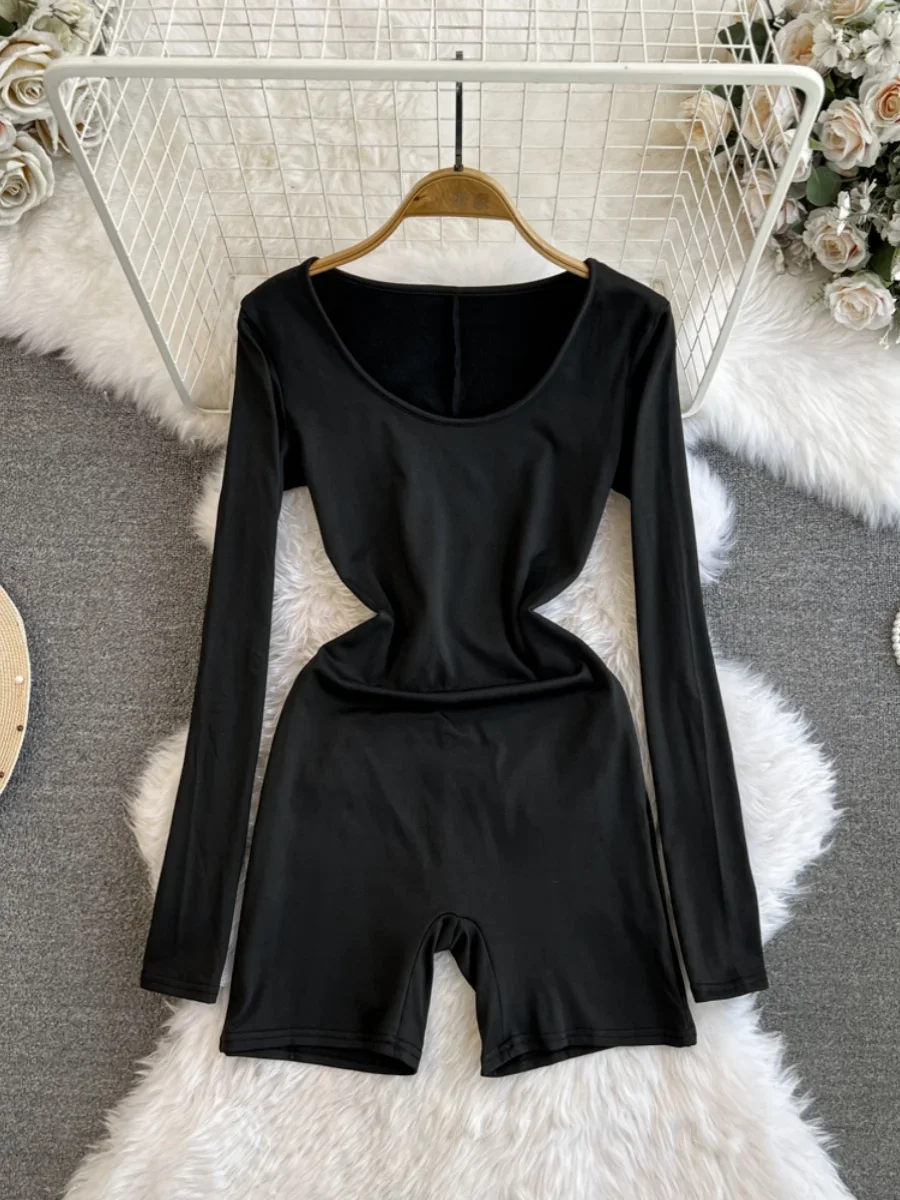 Foamlina Solid Color Slim Fit Long Sleeve Low O-Neck bodysuit For Women's Casual High Waist Wide Leg Shorts Jumpsuit sport Top