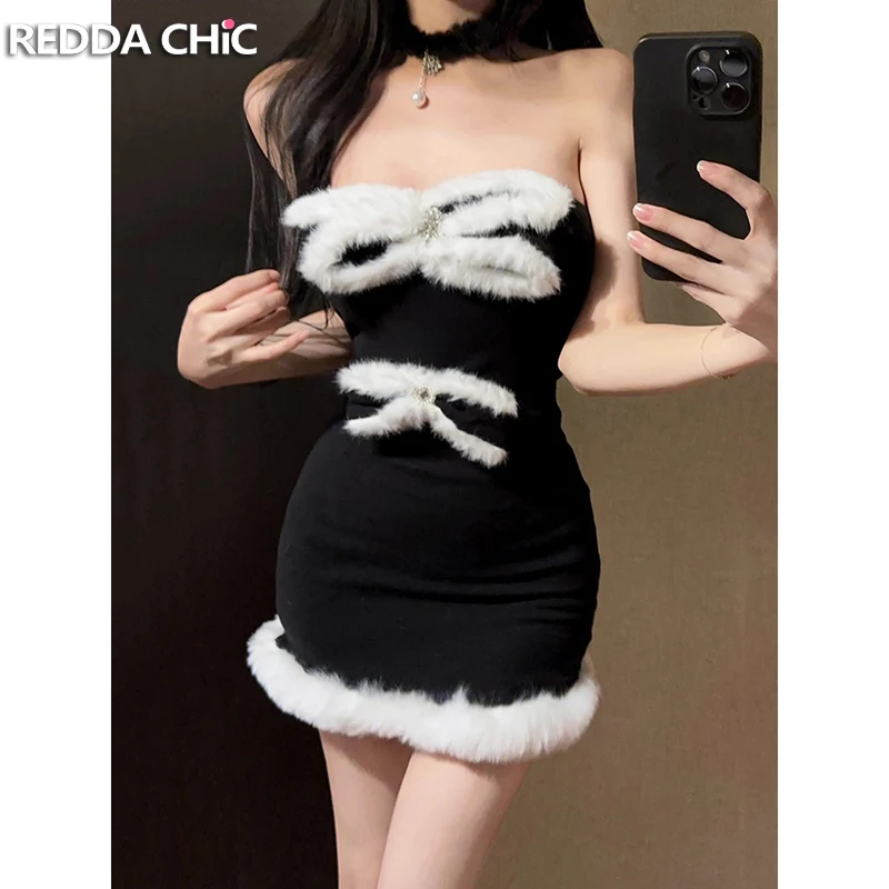 

REDDACHiC Bow Furry Tube Dress Women Velvet Black Flattering Strapless Corset Bodycon Dress Birthday Party Xmas Sexy Clothes