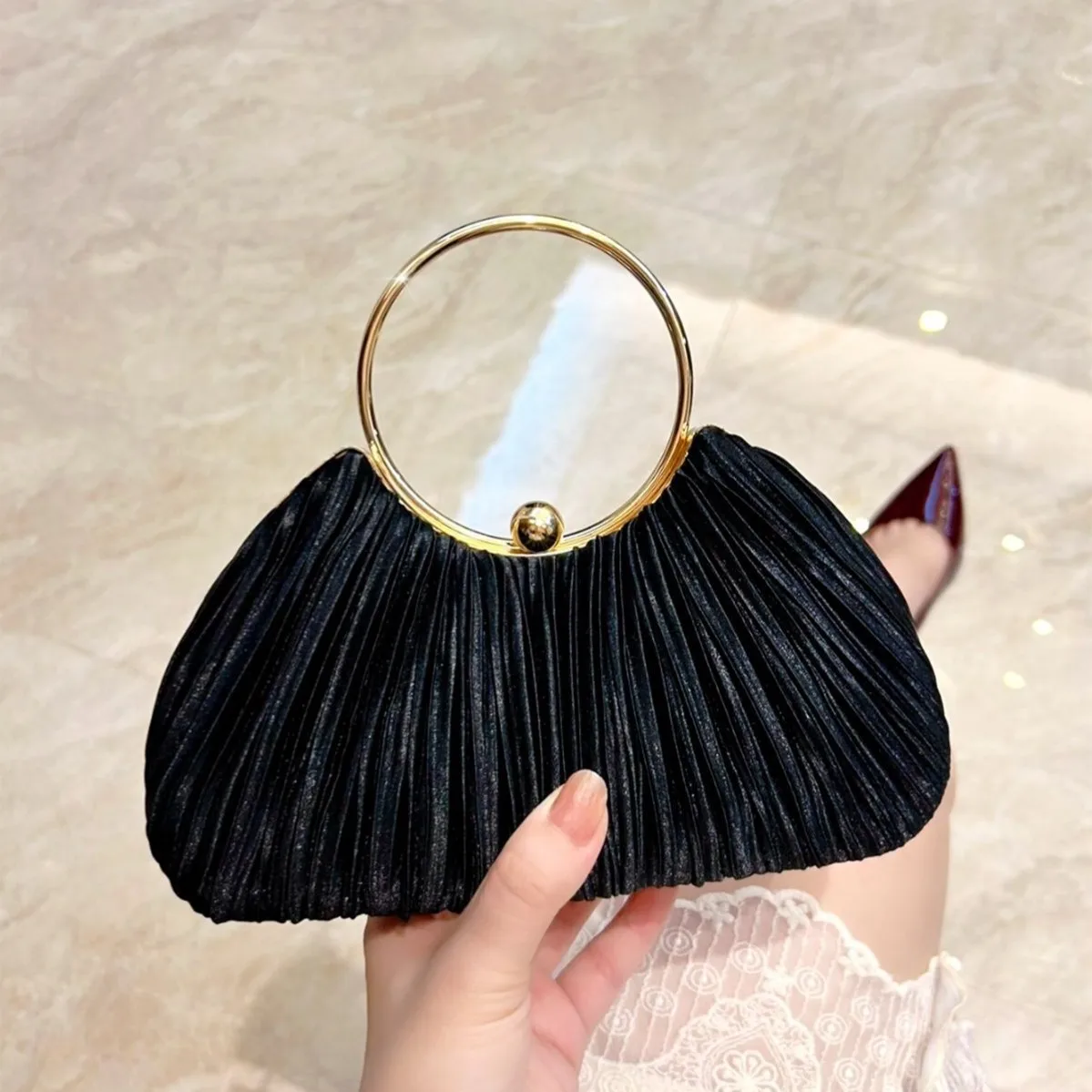 

Satin pleated elegant handbag ladies fashion clutch classic dinner bag