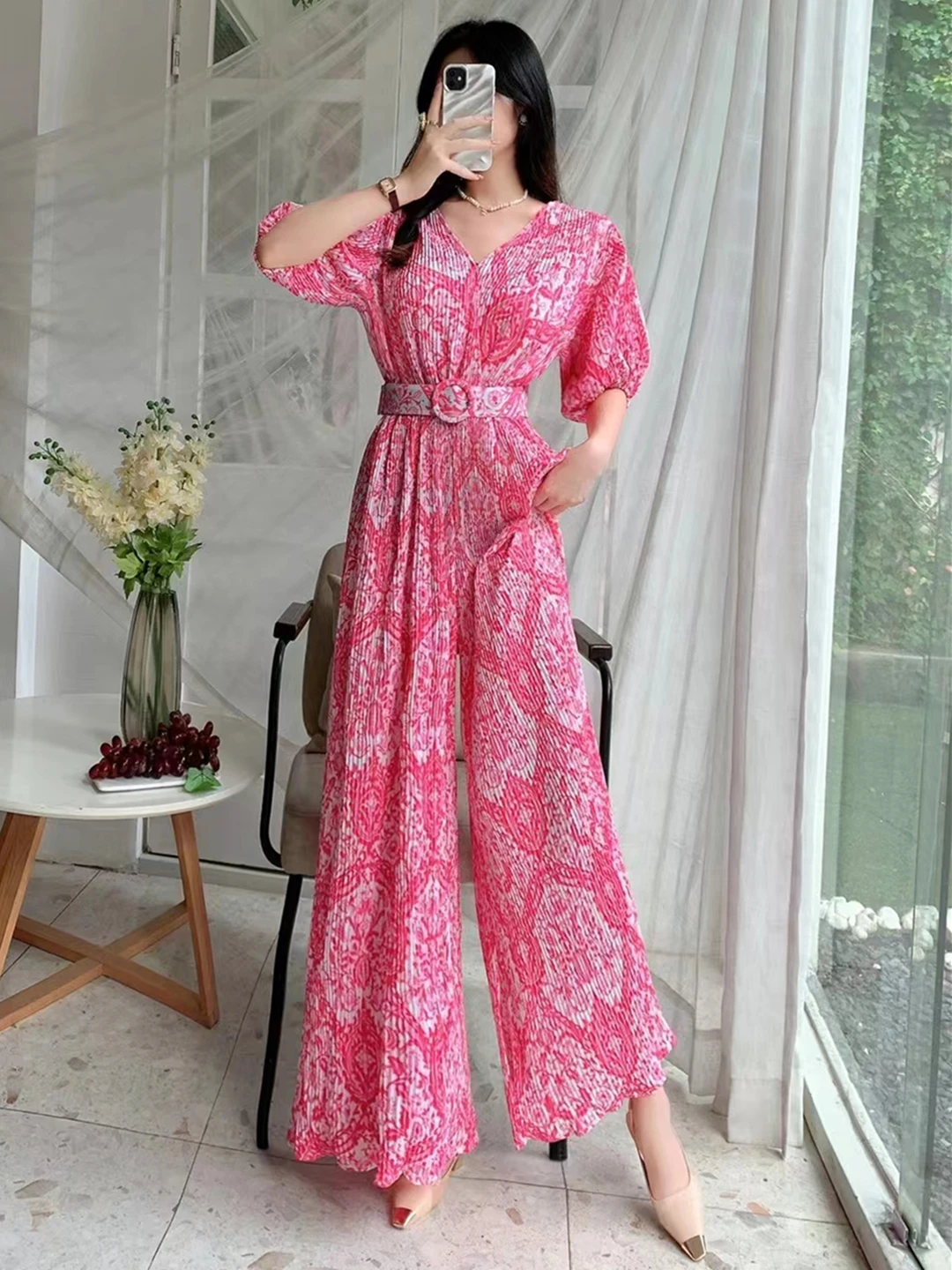 2023 New Summer Women V-Neck Puff Sleeve Belt Slim Jumpsuits High Quality Retro Print Wide Leg Long Pants Pleated Jumpsuits