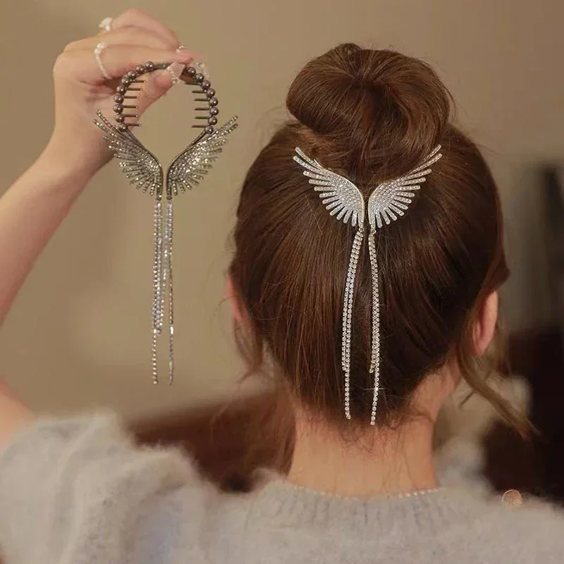 Pinzas para el pelo con alas de Ángel para mujer y niña, horquillas con borla de diamantes de imitación, botón de cola de caballo, accesorios de moda dorados, novedad