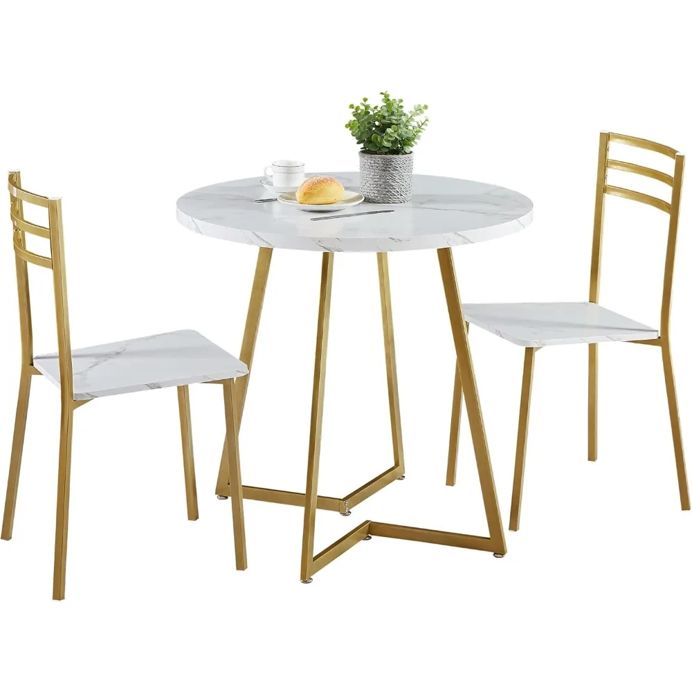 

Small Round Dining Table Set for 2, Wood Tabletop with Strong Metal Frame, Modern Dinette with Chairs for Kitchen, Breakfast No